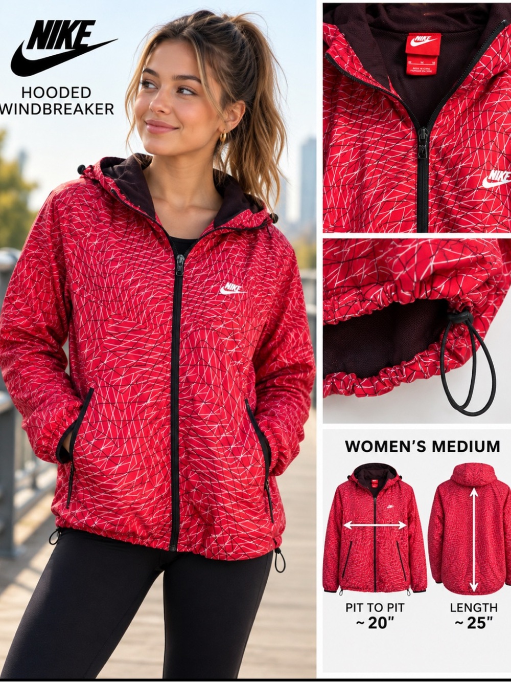 Nike Women’s Red Patterned Hooded Windbreaker Jacket | Medium
